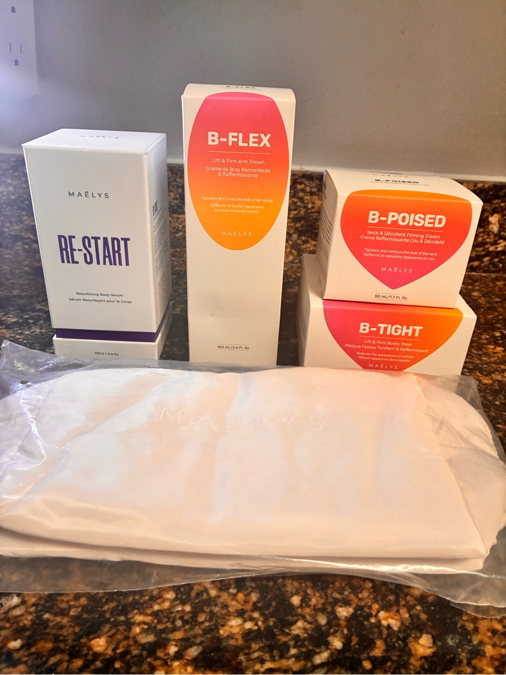 Maely's 5 piece bundle, B-poised, B-tight, B-flex, restart serum, travel bag